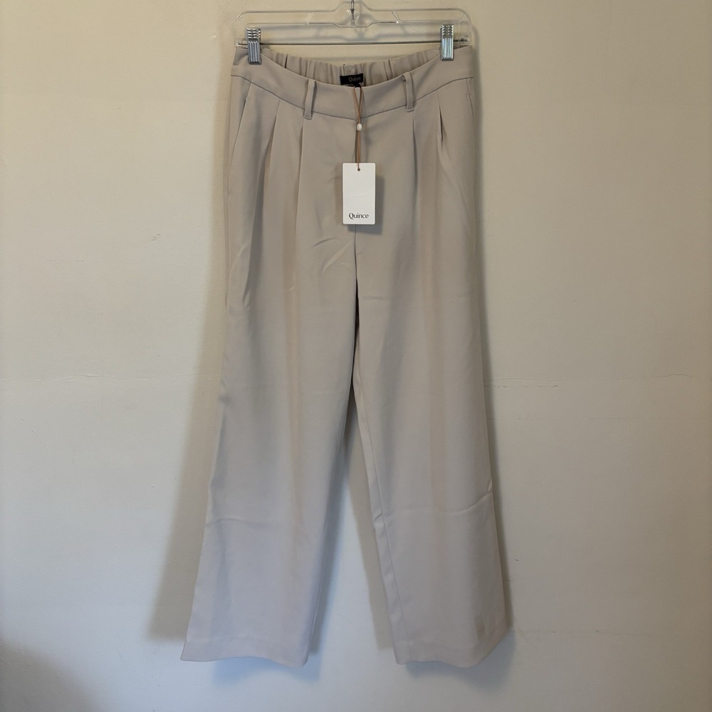 NEW Quince Women Stretch Crepe Pleated Wide Leg Pants Sand 8 - Flaw